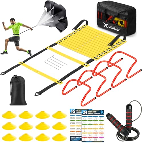X-UMEUS Agility Ladder Speed Training Equipment Set-20ft Agility Ladder,12 Soccer Cones,4 Hurdles, Jump Rope, Running Parachute| Basketball Football Soccer Training Equipment for Kids Youth Adults