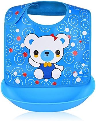 Waterproof Baby Bibs with Snaps and Removable Silicone Food Catcher Unisex for Boys and Girls by KOSTA (Blue with Panda)