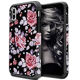 iPhone X Case for Girls Women, iPhone Xs Floral Case, OEAGO Shockproof Heavy Duty Protection Dual Layer Armor Protective Case Cover for Apple iPhone X/XS (Rose Flower)