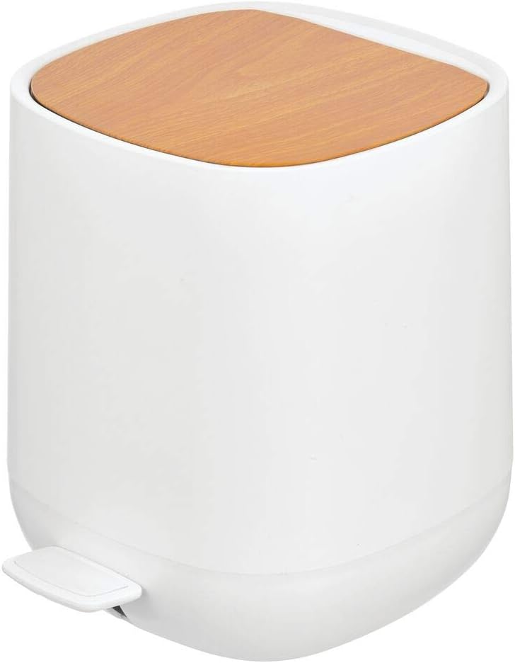 mDesign Modern 1.3 Gallon Plastic Step Trash Can Wastebasket, Small Garbage Container Bin - for Bathroom, Powder Room, Bedroom, Kitchen, Craft Room, Office - Removable Liner Bucket - White/Bamboo