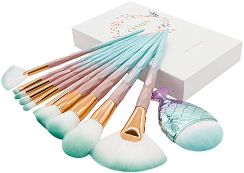 Cinidy 11pcs Makeup Brushes Set 3D Unicorn and Chubby Fishtail Bottom Blush Brush Soft Bristles Kabuki Foundation Blush Eye Brushes with Gift Box(Green gradient)