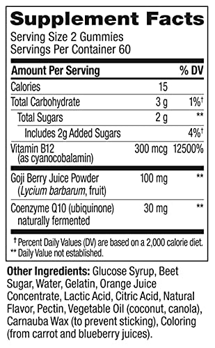OLLY DAILY ENERGY GUMMY, CAFFEINE FREE, VITAMIN B12, COQ10, GOJI BERRY, ADULT CHEWABLE SUPPLEMENT, TROPICAL FLAVOR – 120 COUNT POUCH