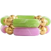 LALAPPLE Gold Plated Beaded Acrylic Bamboo Tube Bangle Bracelets for Women, Colorful Chunky Curved Tube With Gold Plated Pieces Beads Stretch Bracelet Friendship Summer Beach Jewelry