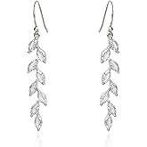 Handmade 925 Sterling Silver Leaf Dangling Earrings Crystal Wedding Dangle Earrings for Brides Bridesmaid Gift