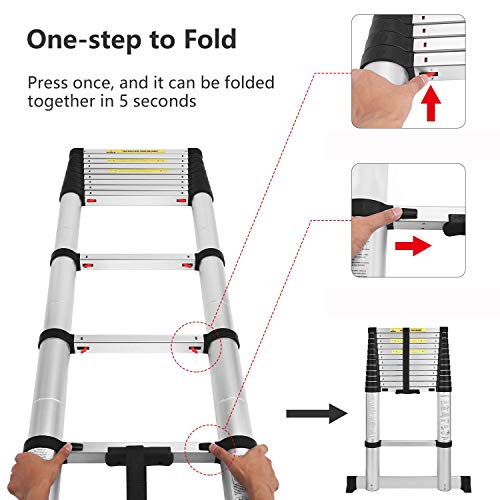 AODI Aluminum Telescoping Ladder with Stabilizer Bar, Telescopic Extension Multi Purpose Ladders Portable EN131 Certified for Industrial Household Daily (12.5 FT and 330 LB)