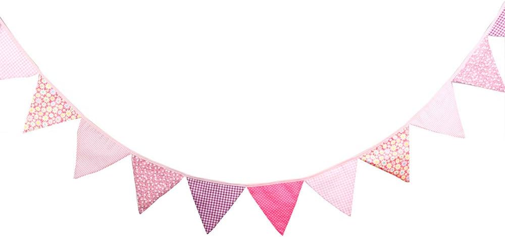 G2PLUS Double Sided Fabric Bunting Banner, Two Layer Triangle Floral Bunting, 3.3M with 12PCS Pink Floral Pennants - Image 3