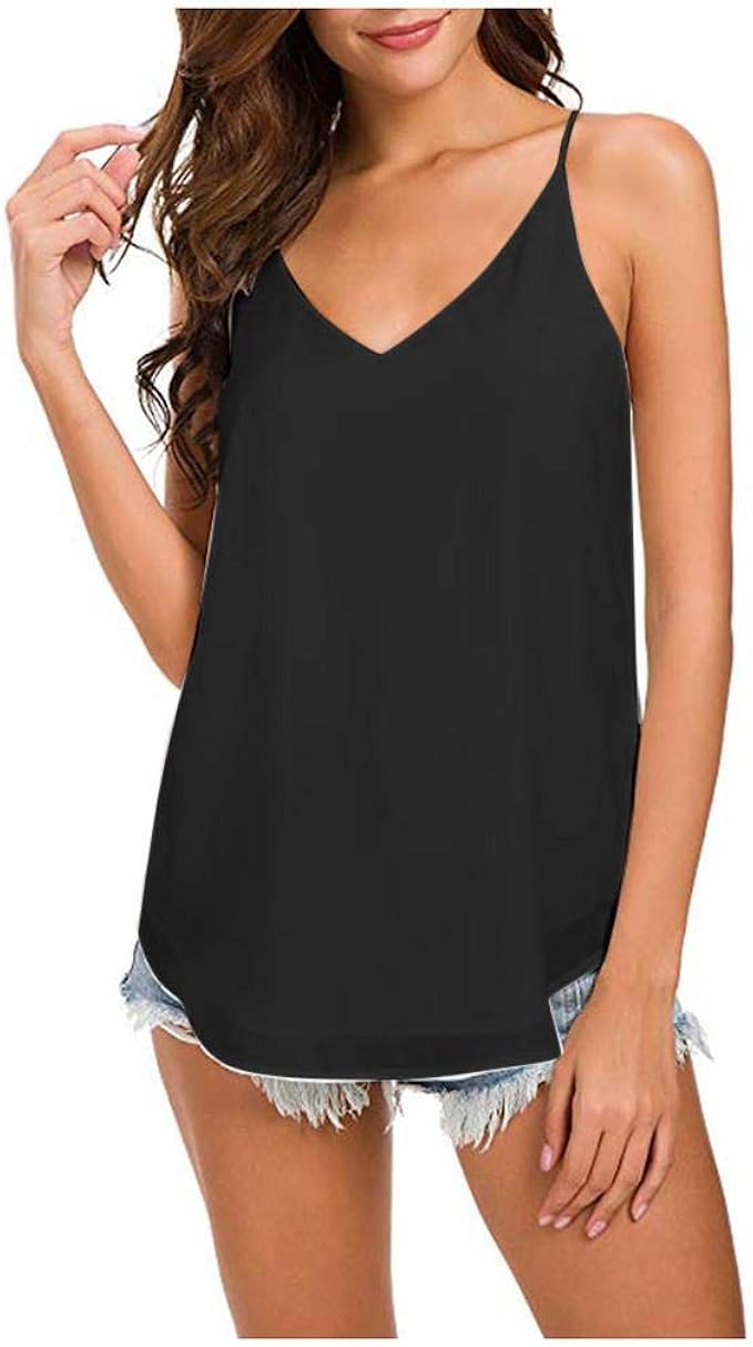 Womens Vest Tops, SHOBDW Ladies Solid VNeck Chiffon Black Vest