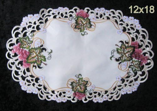 Placemat or Doily Embroidered with Red Purple Grapes on Ivory Fabric, Size 11 x 17 inches
