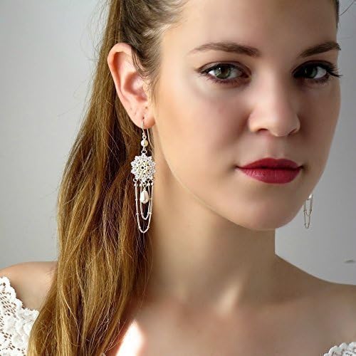 Handmade Drops Chandiler Swarovski Simulated Pearl Silver Beaded Bridal Earrings