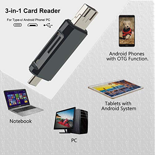 SD Card Reader, Micro TF Compact Flash Card Reader with 3 in 1 USB 2.0/Type C/Micro USB Adapter and OTG Function Portable Memory Card Reader for MacBook, PC, Laptop, Smart Phones, Tablets