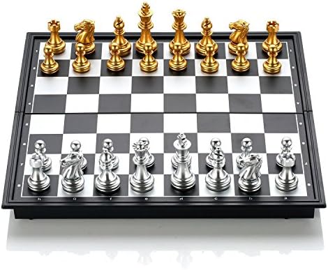 GZNIGHT Folding Magnetic Travel Chess Set Portable Board Game Toy Pieces with Storage for Travel Outdoor Indoor for Kids or Adults 9.8 X 9.8 X 0.8 inch (Gold &amp; Silver Chess Pieces)