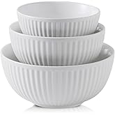 HASENSE Ceramic Ribbed Nesting White Bowls 1.5/1/0.5 Qt For Kitchen, Cooking, Baking and Serving Salad Bowls for Pasta, Small Mixing Bowls of 3, Modern Space Saving Dishes for Kitchen
