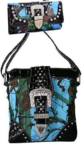 Western Camouflage Rhinestone Buckle Belt Como Cross Boday Messenger Bag With Matching Wallet - Blue/CAM