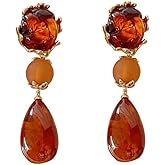 Retro Amber Teardrop Dangle Earrings for Women Silver Stud Post Hypoallergenic Big Brown Waterdrop Resin Round Knot Statement Drop Dangling Earring Vintage Holiday Birthday Theme Party Jewelry Gifts