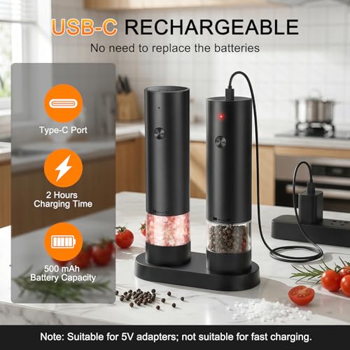 srml Rechargeable Electric Salt and Pepper Grinder Set with 4 Adjustable Coarseness, USB-C Automatic Pepper Mill Spice Grinder with Ceramic Grinding Core, Dust Cover and Base for Home Kitchen BBQ
