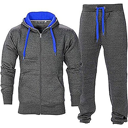Juicy Trendz Mens Athletic Long Selves Fleece Full Zip Gym Tracksuit Jogging Set Active wear Charcoal/Blue S
