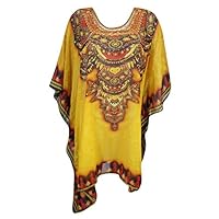 Mogul Women's Short Caftan Jewel Print Saffron Yellow Poncho Coverup Boho Kaftan Top