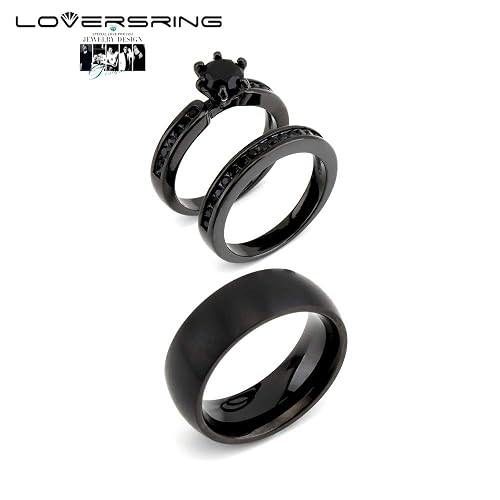 Couple's Wedding Ring Set – Women's Black Gold Filled Square CZ & Men's Titanium Band With Cubic Zirconia - View #11