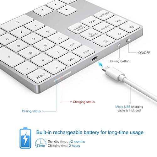 Bluetooth Number Pad, Lekvey Aluminum Rechargeable Wireless Numeric Keypad Slim 34-Keys External Numpad Keyboard Data Entry for Laptop, MacBook, MacBook Air/Pro, iMac, Windows, Surface Pro - Silver - Thumbnail 2