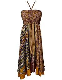 Womens Sundress Recycled Vintage Silk Sari Two Layer Boho Hanging Around Summer Halter Dress