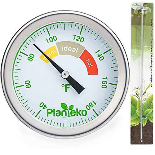 Compost Thermometer - Stainless Steel Soil Thermometer Extra Thick Probe - Color Coded Fahrenheit Dial - Long 20 Inch Stem - Composting Guide included