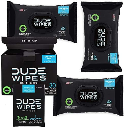 Dude Wipes Bundle: Flushable Wet Wipes Dispenser (3 Packs 48 Wipes) & Unscented Wet Wipes (30 Count)