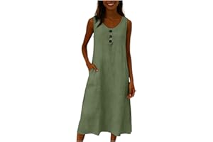 Cotton Linen Summer Dresses for Women Sleeveless Long Dress Button Front Casual Sundress with Pockets Travel Outfits