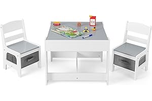 HONEY JOY Kids Table and Chair Set, 3-in-1 Children Wooden Activity Table and 2 Chairs for Art Craft, Storage Drawer&Box, 3-P