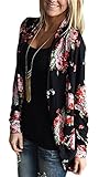 Floral Season Women Casual Floral Print Long Sleeve Kimono Blouse Cardigan Black X-Large
