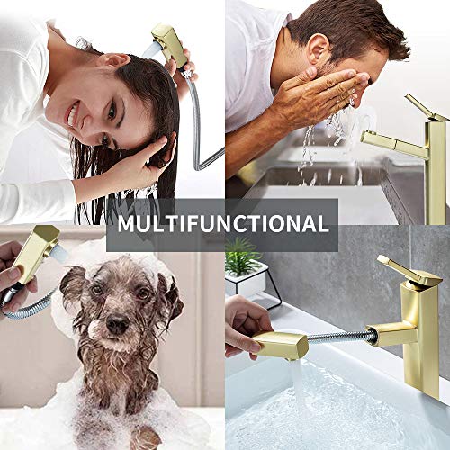KAIYING Bathroom Pull Down Vessel Sink Faucet, Lavatory Single Hole Basin Sink Faucet with Pull Out Sprayer, Single Handle Utility Kitchen Mixer Tap with Rotating Spout, Brass (Tall, Brushed Gold)