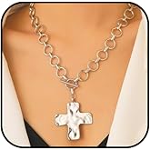 IQIC Chunky Necklace Chunky Cross Necklace for Women Big Cross Statement Necklaces Trendy Toggle Necklaces Hammered Bold Vintage Jewelry