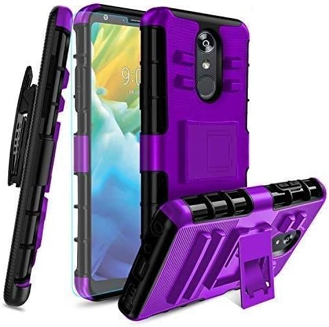 LG Stylo 4 Case, Stylo 4 Plus Case W[Tempered Glass Screen Protector] Built-in Kickstand Shockproof PC Back &Soft TPU Inner Armor Swivel Belt Clip Holster Heavy Duty Protective Case,PC-Purple