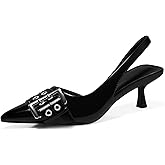 PiePieBuy Womens Slingback Kitten Low Heels Closed Pointed Toe Pumps D’Orsay Buckle Studded Dress Shoes