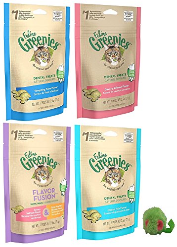 Feline Greenies Dental Treats for Cats - 5 Pack Variety Bundle - Includes 1 Tempting Tuna, 1 Savory Salmon, 1 Flavor Fusion, 1 Ocean Fish (2.5 ounces each), and 1 Micro Mouse