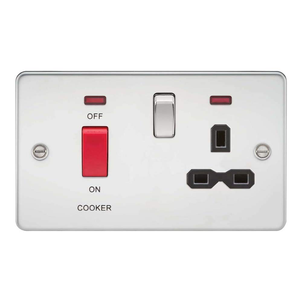 Knightsbridge FPR8333NPC Flat Plate DP Switch and Switched Socket with Neon, Polished Chrome with Black Insert, 45 A/13 A