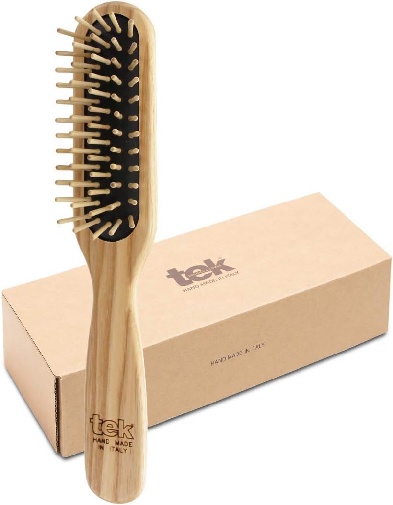 TEK - Rectangular Brush with Short Tooth in Ash Wood Handmade in Italy, for Short Hair - 22 x 4 cm, Light Brown