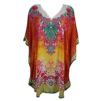 Mogul Women's Kaftan Loose Short Beach Dress Swimsuit Cover Up Caftan (Red-1)