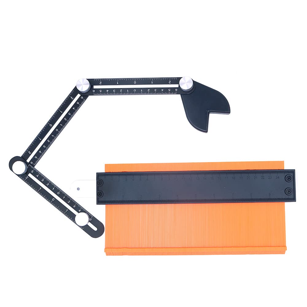 ANCLLO 10inch Contour Gauge and 3-Sided Angle Measuring Tool Combo Kit, Plastic Shape Contour Gauge Duplicator Aluminum Alloy Multi Angle Measuring Ruler