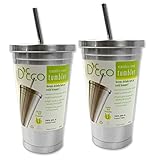 Stainless Steel Tumbler with Straw- Hot & Cold Double Wall Insulated Drinking Mug- 16 oz - Set of 2
