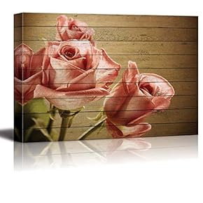 Vintage Bouquet of Pink Roses on Brown Wood Panels and a Vignette Around It - Canvas Art Home Art - 12x18 inches