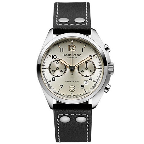 Hamilton Khaki Pilot Pioneer Automatic Chronograph Ivory Dial Black Leather Mens Watch H76416755