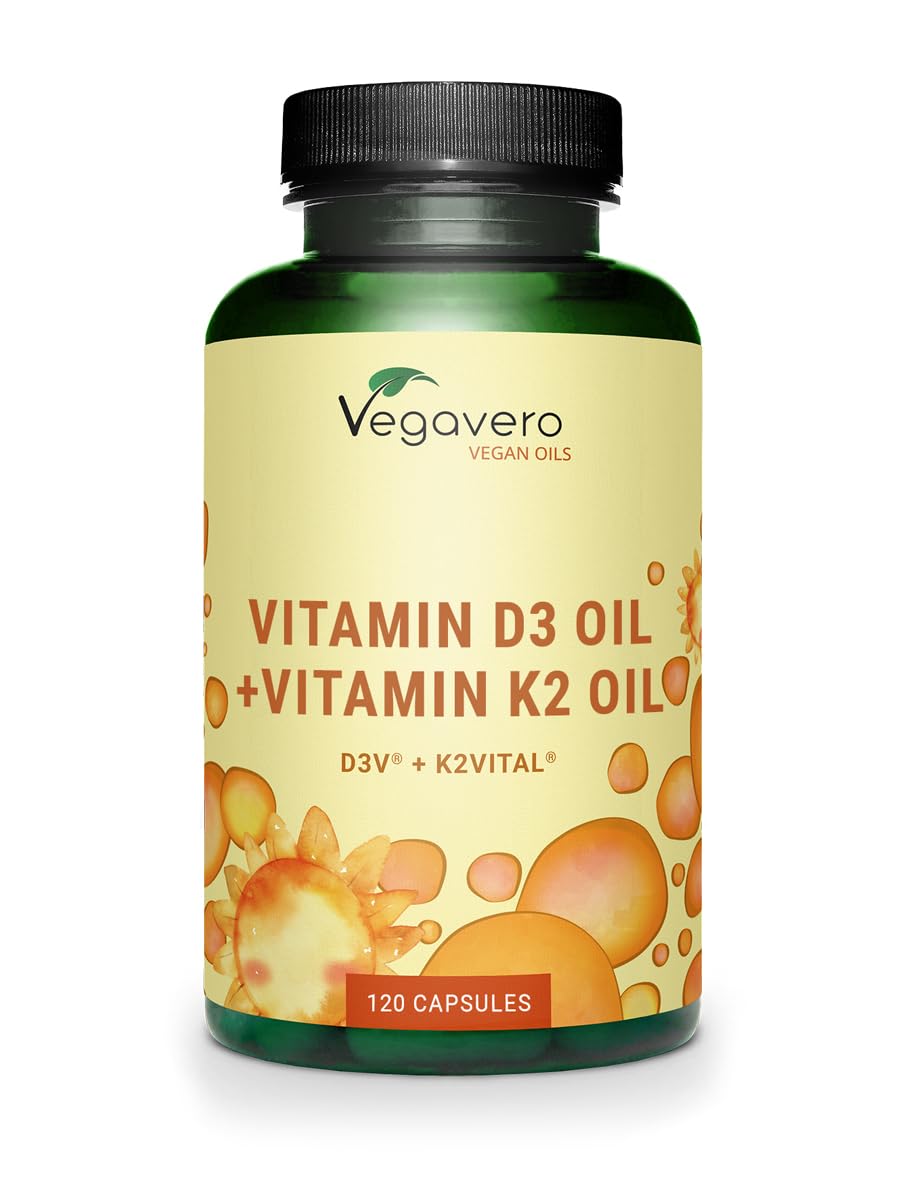 Vegavero Vitamins D3 K2 Oil | Vegan & NO Additives | Cholecalciferol & All-Trans MK-7 | 1000 IU Vitamin D + 100 µg VIT K2 | 120 Vegan Capsules