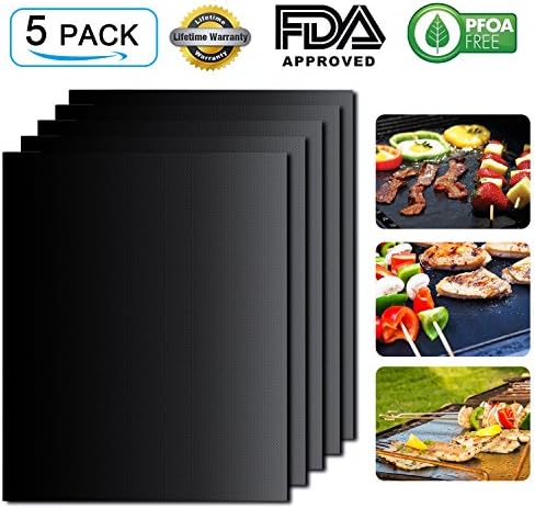 Maxzola BBQ Grill Mat Set of 5 Non-Stick BBQ Grill &amp; Baking Mats - FDA Approved ,PFOA Free,Reusable and Easy to Clean - Works on Gas, Charcoal, Electric Grill (15.7 x 13 inch ) (Black, 5 Pack)
