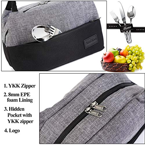 AmHoo Insulated Lunch Bag for Women Reusable Lunch Tote Cooler Bag Handbag - Double YKK Zippers - Newest Waterproof 600D linen polyester for Adults Kids Students (Grey&Black) - Thumbnail 2
