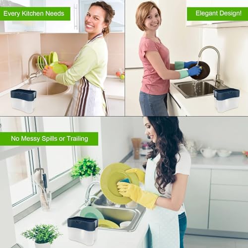 SKY-TOUCH 2 In 1 Sponge Rack Shelf Soap Detergent Dispenser Pump, Large Capacity With Sponge, 1 Hand Operation