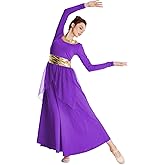 HIHCBF Women Long Sleeve Praise Dance Dress Liturgical Metallic Waistband Wide Swing Chiffon Skirt Worship Lyrical Costume
