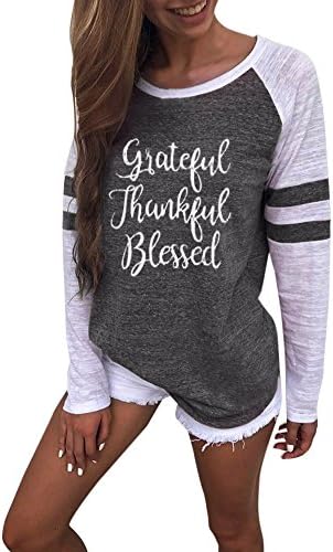 LILICAT Womens Blouse, Womens T-Shirt Ladies Long Sleeve Stitching Shirt Round NeckTops Fashion Catual Letter Printing Thankful Grateful Blessed Baseball T-Shirt Plus Size Loose