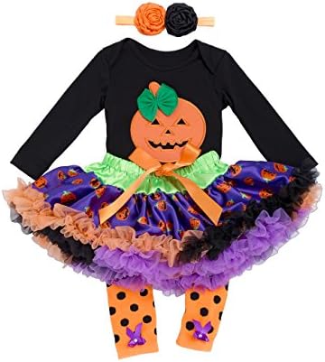 Halloween Outfits for Baby Girls - 4 Pieces Newborn Pumpkin Costume Romper Tutu Dress Set, M(3-6 Months), Black