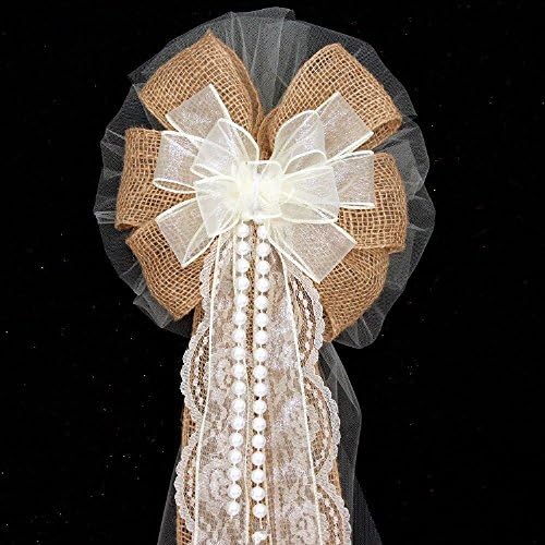 Ivory Sheer Burlap Lace Pearl Rustic Wedding Pew Bow - 10" wide