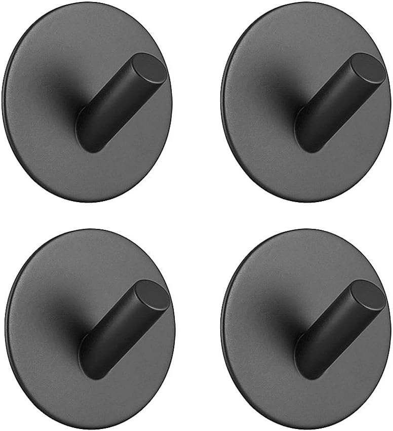 Self Adhesive Hooks, YAKAON 304 Stainless Steel Robe Hooks Towel Stands Strong Sticky Wall Hook, Waterproof Rust-Proof Bath Towel Hooks for Bathroom Toilet Kitchen (4 Pack) - Black